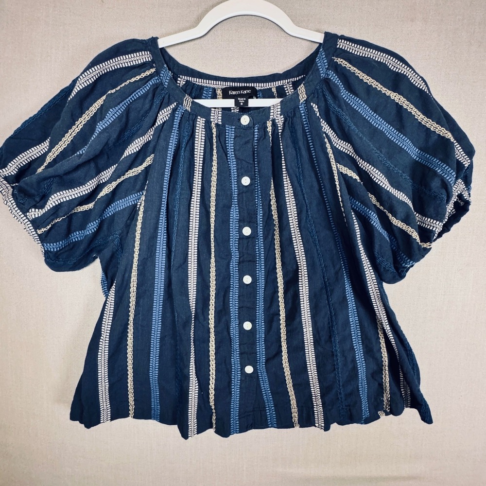 Karen Kane Button Front Shirt Women Size S Navy Blue Striped Puff Sleeve Peasant